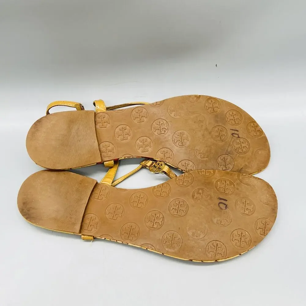 Tory Burch Sandals Womens 7.5 Tan Patent Leather Floral Thong Logo Flats